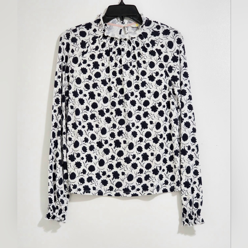 Boden Floral Blue & White Soft Jersey Blouse Size 4 Modest Casual Versatile Chic